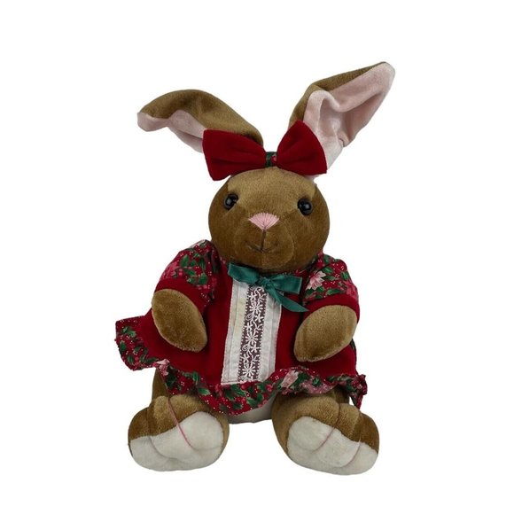 Commonwealth Velveteen Rabbit 12” Plush Bunny Red Floral Dress Bow Vtg 1995 - Picture 1 of 10